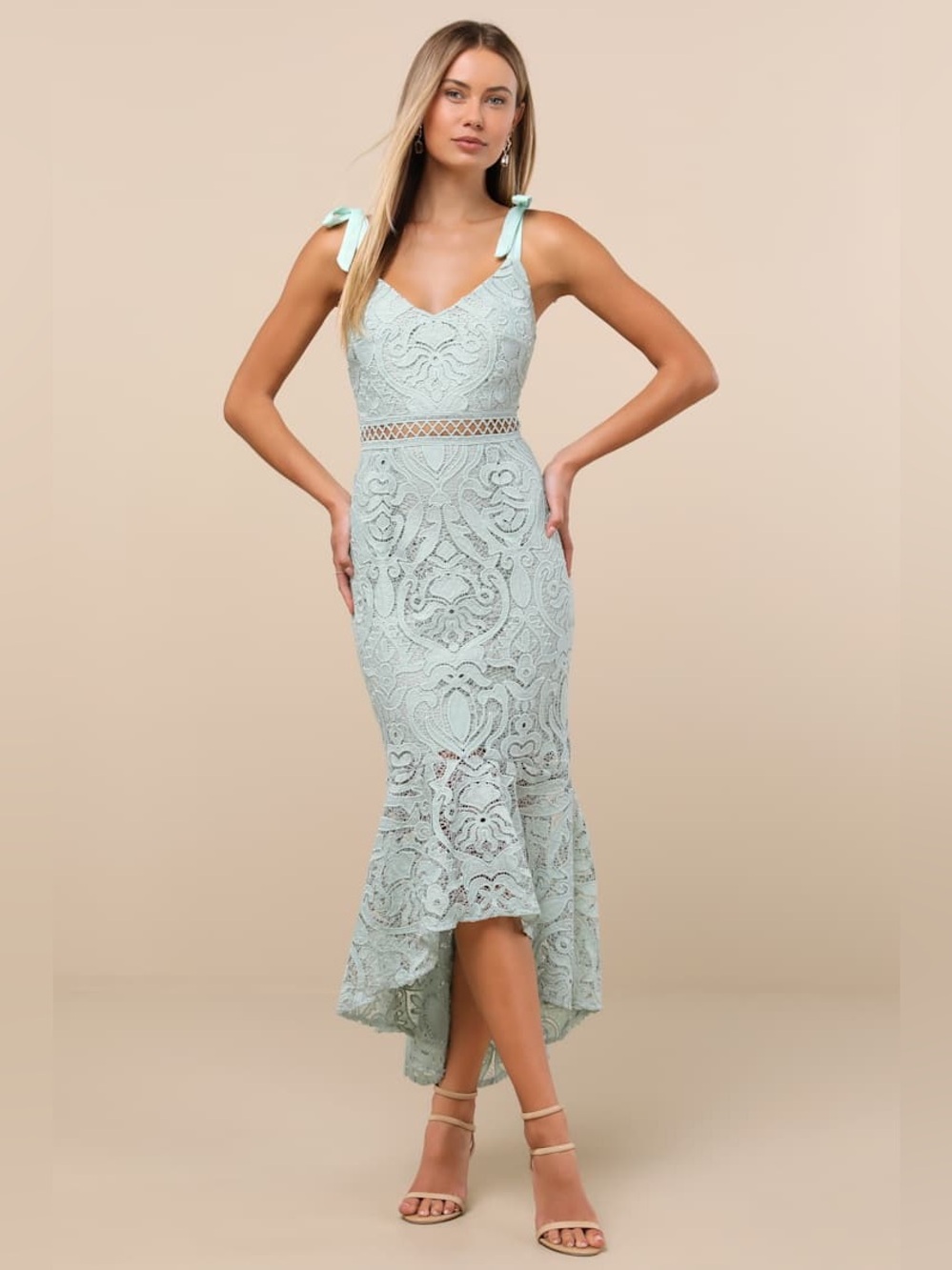 Lulus Won Your Heart Sage Green Lace Tie-Strap High-Low Midi Dress Size L NWT